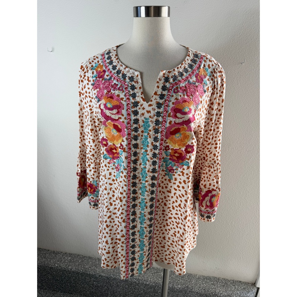 Savanna Jane Womens Small Boho Floral Embroidered V Neck Blouse Rust Orange